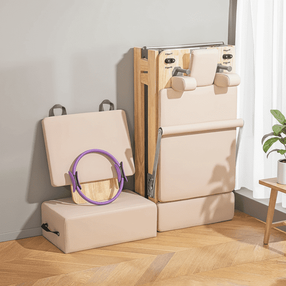 Pilates Reformer Machine, Foldable Studio Grade Pilates Equipment for Gym and Home Workout, Oak Wood Pilates Reformer with Reformer Accessories,Pilates Box, Padded Jump Board