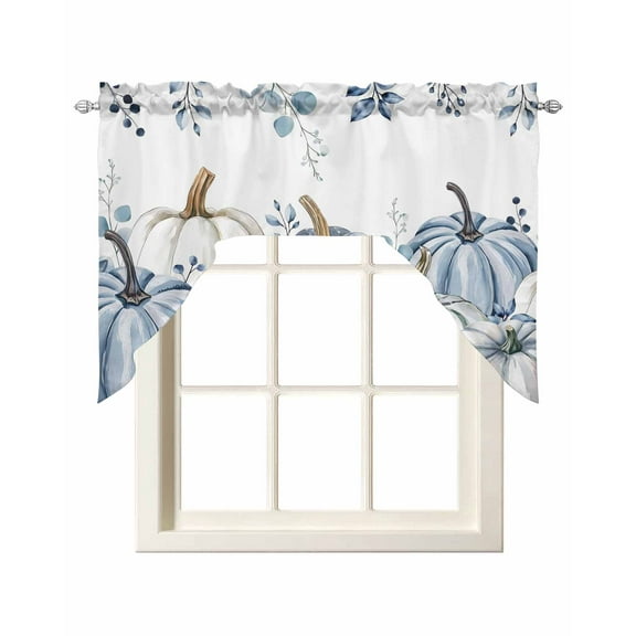Blue Pumpkin Fall Kitchen Swag Valances for Windows, Thanksgiving Eucalyptus Leaves Weeping Swag Valances Curtains for Living Room, Rod Pocket Window Treatments for Bathroom, Bedroom, Cafe, 56"x36"