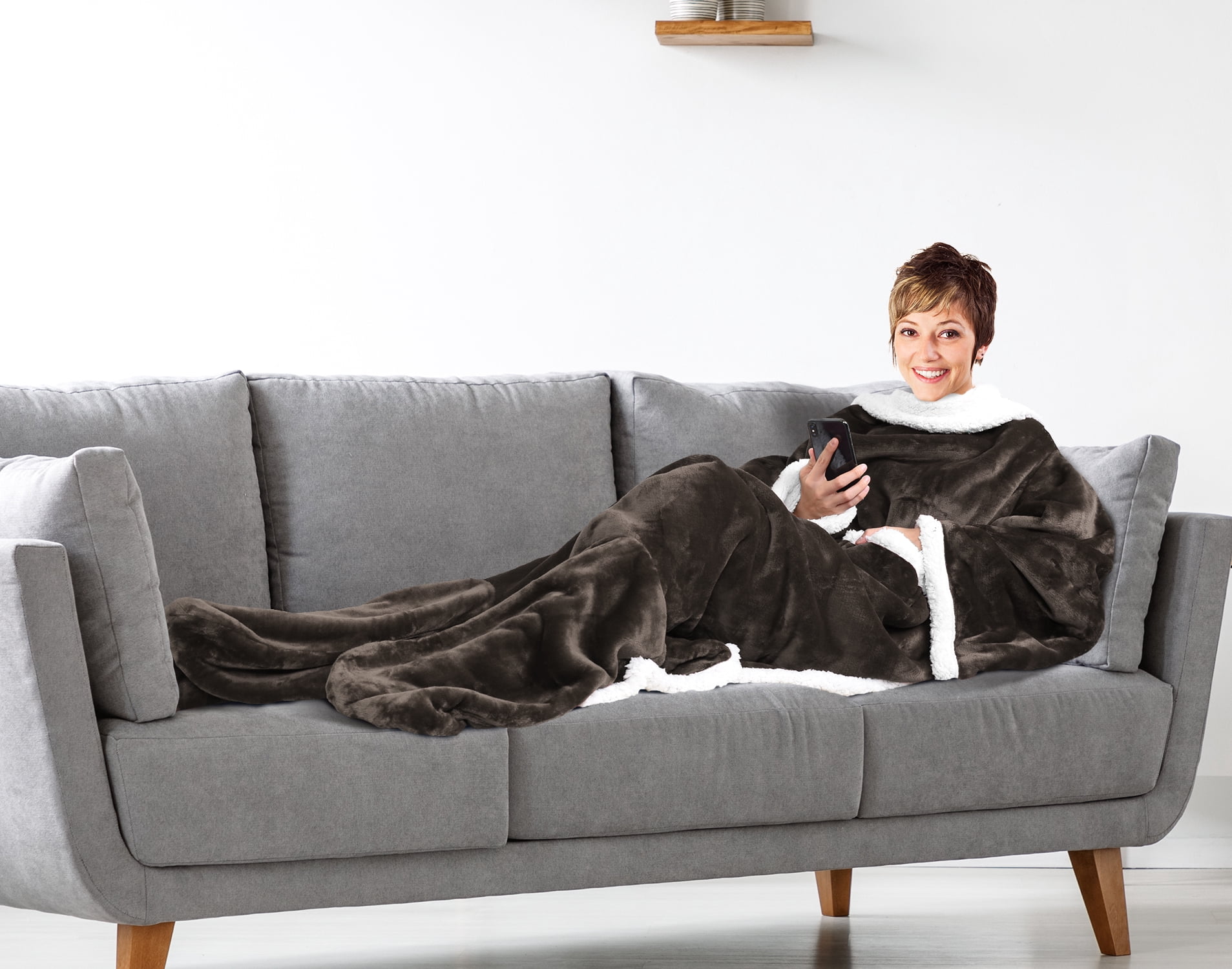 Catalonia Sherpa Wearable Blanket with Sleeves & Foot Pockets for Adult Women Men, Comfy Snuggle Wrap Sleeved Throw Blanket Robe, Gift Idea, Brown, 75" x 53"