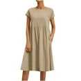 thumbnail image 2 of Summer Dress Saving! Women's Casual Cotton Linen Solid Round Neck Short Sleeve Dress Midi Leisure Dress Khaki S, 2 of 5