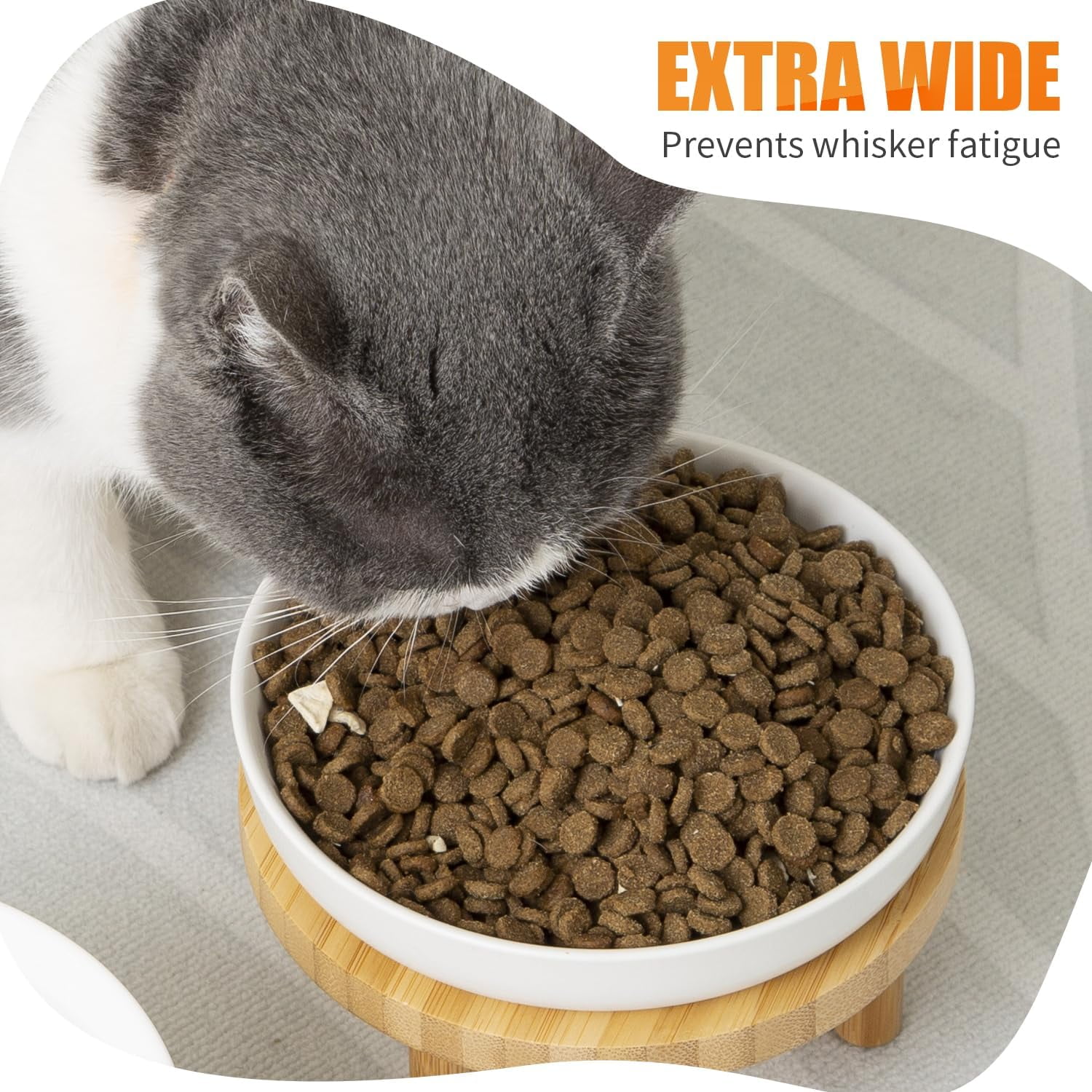 Shallow Elevated Cat Bowls,5.9 Inch Wide Raised Ceramic Cat Dishes with Bamboo Stand, Whisker Friendly Pet Water or Food Plates Feeding Station for Indoor Cats, Kitten(White,Set of 2)