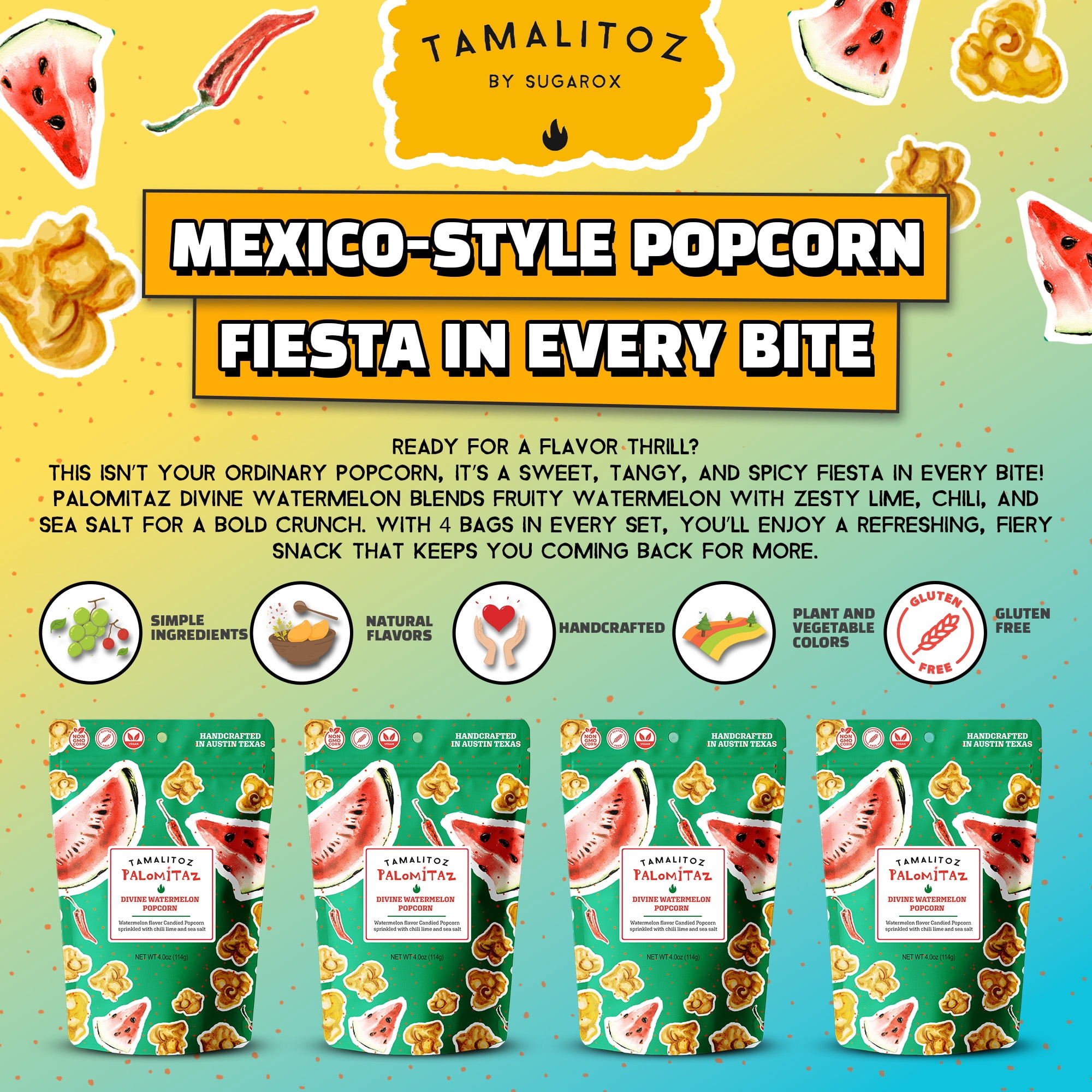 Palomitaz Divine Watermelon Popcorn – Sweet & Spicy Mexican-Style Kettle Corn with Chili, Lime & Sea Salt – Fruity Handcrafted Snack, Gluten-Free, Vegan, No Artificial Colors, 4 Bags 4oz Each