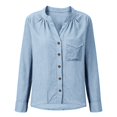thumbnail image 7 of GZWYHT Women's Casual Cotton Linen Long Sleeve Shirts Stand Collar Button Down V Neck with Chest Pocket Loose Fit Blouse for Beach Vacation Blue 2XL, 7 of 7