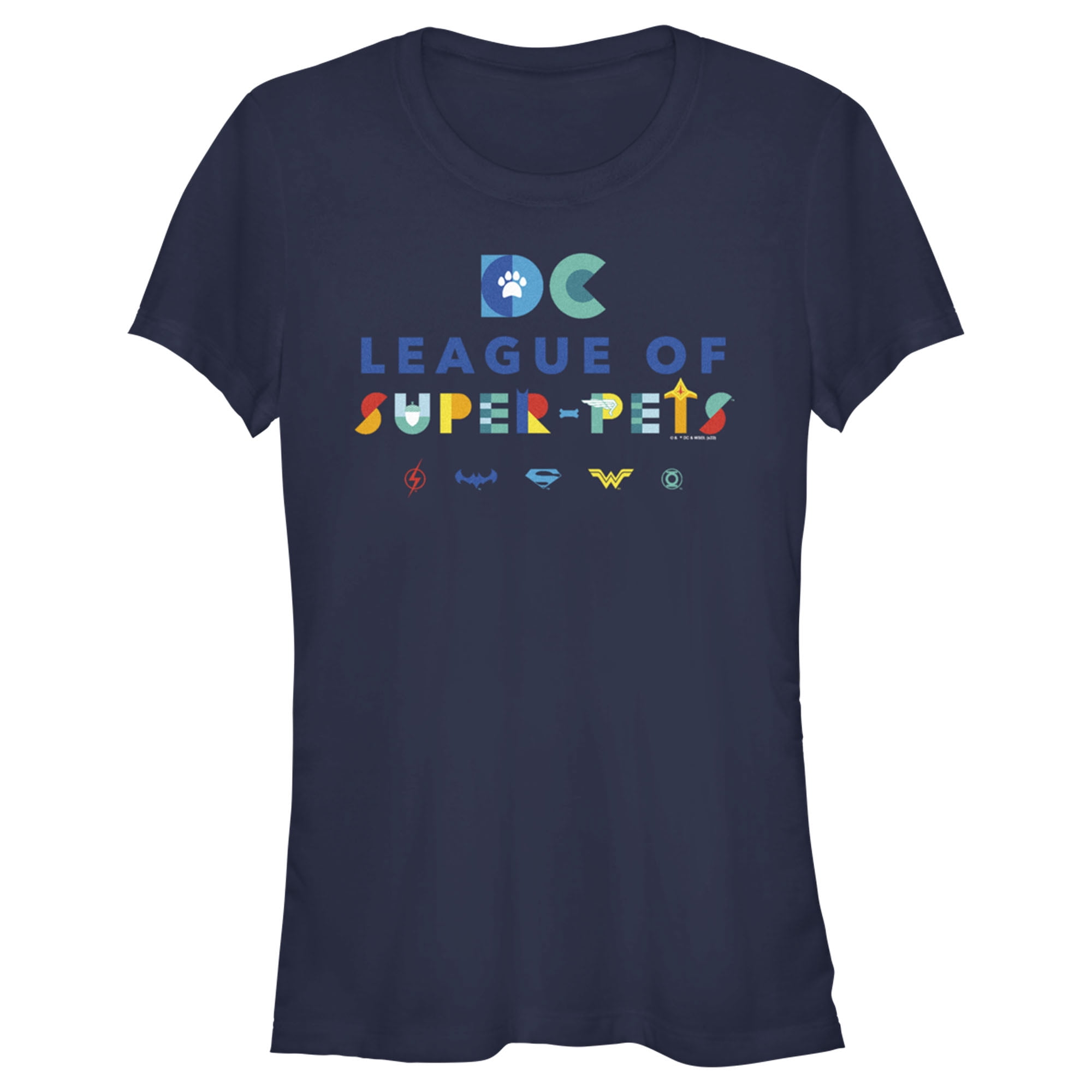 Junior's DC League of Super-Pets Colorful Hero Logos Graphic Tee Navy Blue Small
