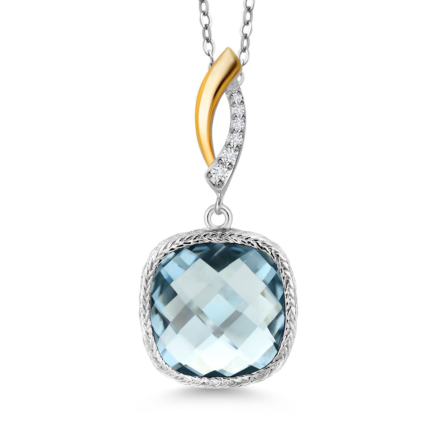 Gem Stone King 6.05 Cttw Sky Blue Simulated Aquamarine and White Lab Grown Diamond Pendant Necklace for Women | 925 Sterling Silver | Gemstone March Birthstone | Cushion 12MM | With 18 inch Chain