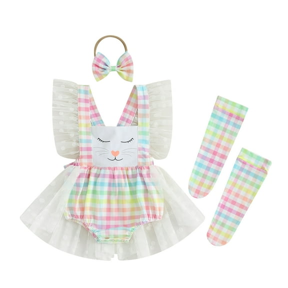 Bagilaanoe Newborn Easter Outfits Baby Girl Rompers Dress Plaid Print Fly Sleeve Bodysuits   Headband   Socks 3M 6M 12M 18M Infant Patchwork A-line Dresses