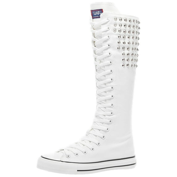 ANUFER Women Fashion Canvas Dance Boots Knee High Bicycling Boots Girls Fancy School Shoes White Rivets SN914AB US4.5