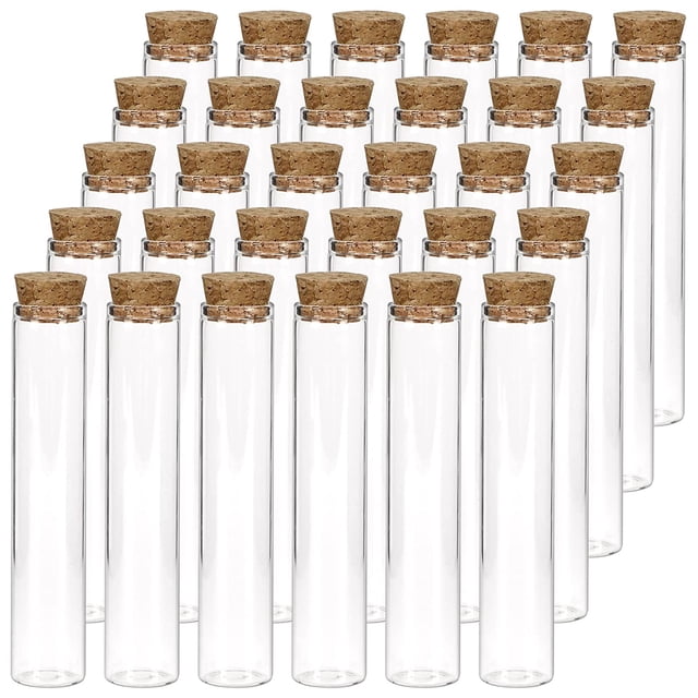 30 tubos de ensayo de vidrio de 25 ml, 20 tubos de ensayo planos transparentes de 100 mm con tapón de corcho para experimentos científicos, sales de baño y almacenamiento de dulces.