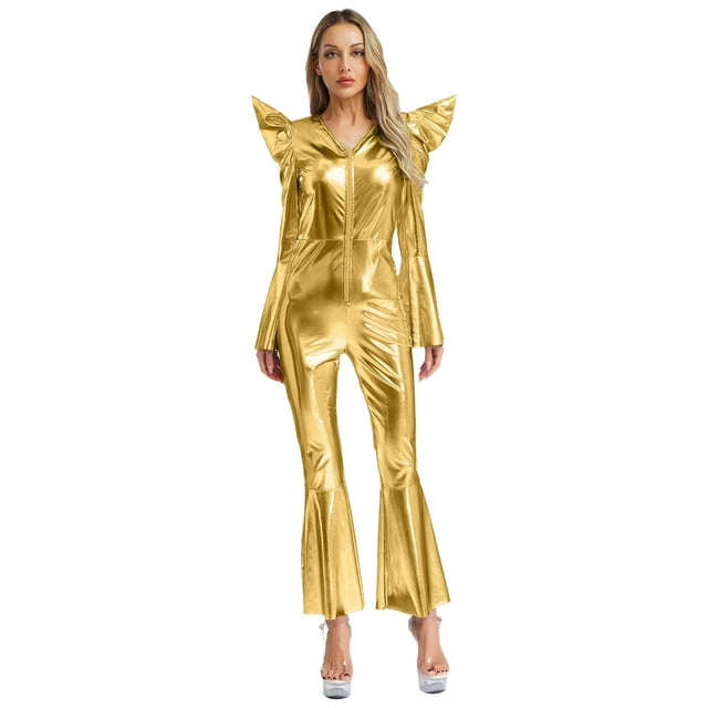 Moggemol Womens 70s Rave Outfits Shiny Metallic Bell Bottom Alien Jumpsuit Gold XXL