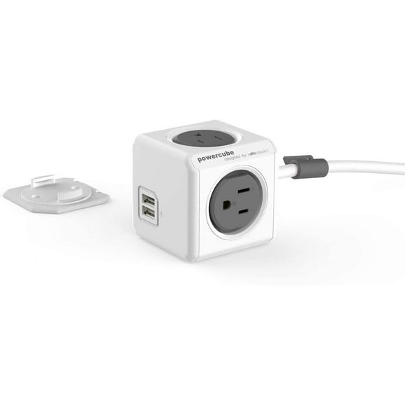 PowerCube Extra Extended USB, Surge Protector, Electric Outlet Adapter 10ft Extension Cord Power Strip with 4 outlets and Dual USB Port, Gray