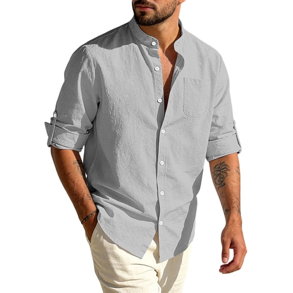 GrmtClth Mens Linen Shirts Comfy Long Sleeve Top Comfortable Button Down T-Shirts Trend Solid Blouse with Pocket Dark Gray M