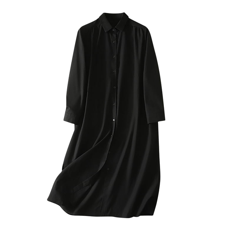 button down shirt dress with leggings Long Sleeve Button Down Ruched Shirt Dress In Black | EGO US