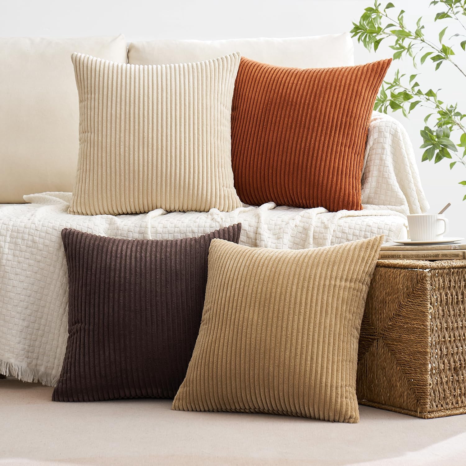 Boho Farmhouse Throw Pillow Covers 18x18 Inch Set Of 4 Rustic Mordern Neutral Cushion Soft Corduroy Nordic Home Decor For Couch Bed Sofa Living Room Chocolate Brown/rust