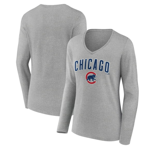 Women's Gray Chicago Cubs Team Lockup Long Sleeve V-Neck T-Shirt