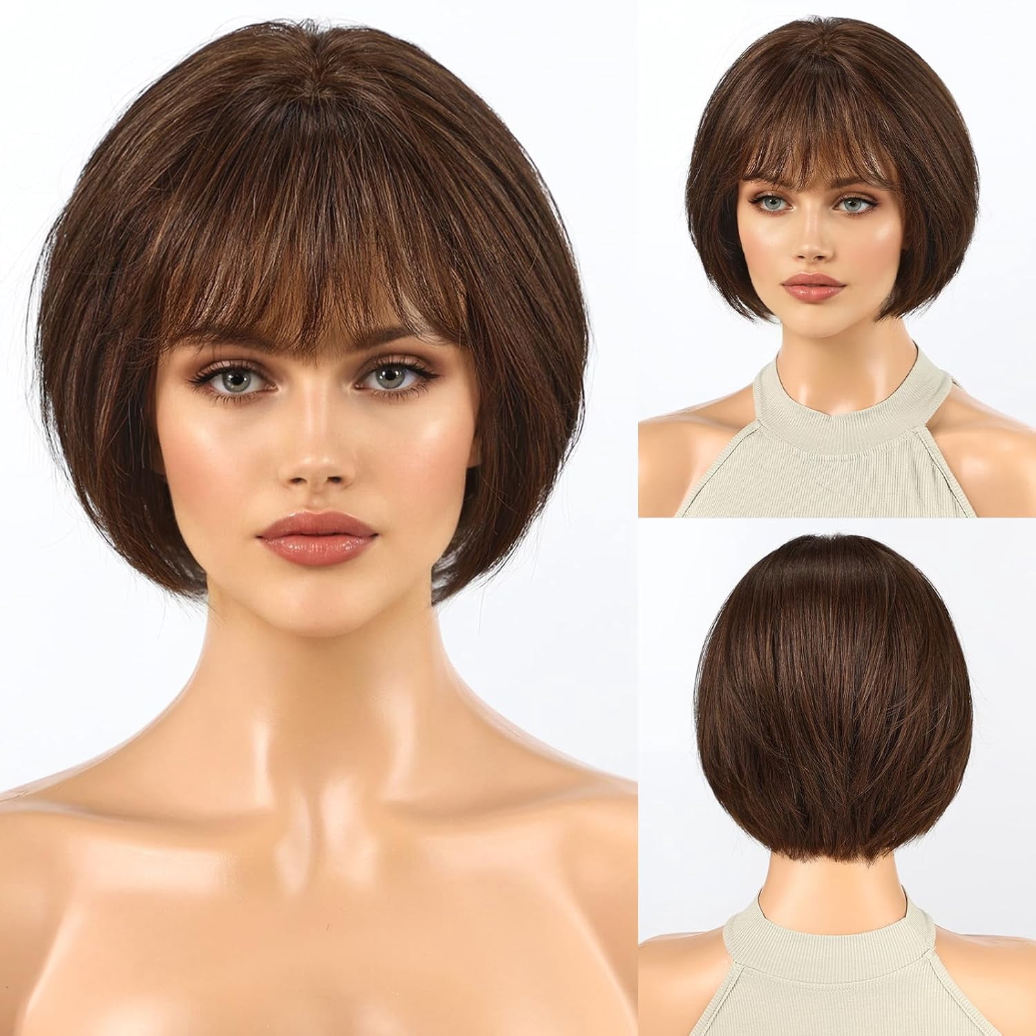 DOPI 10 Inch Brown Mixed Blonde Wigs Human Hair for Women, Remy Human Hair Wigs, Human Hair Wigs with Bangs