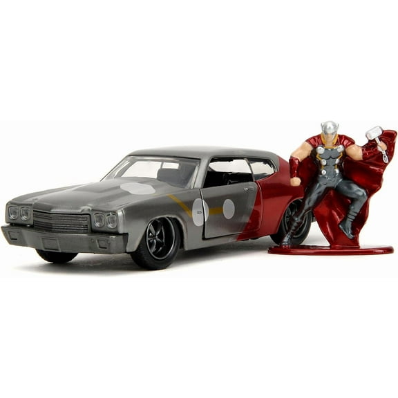 1970 Chevrolet Chevelle SS Gray Metallic and Red Metallic with Black Hood and Thor Diecast Figure 1/32 Diecast Model Car by Jada