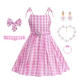 thumbnail image 4 of Vestido de princesa Barbie rosa para niñas, disfraz de película para juego de rol con cinturón, vestido con tirantes a cuadros, atuendo de cumpleaños para Halloween, para vestir de 2 a 10 años, 4 of 5