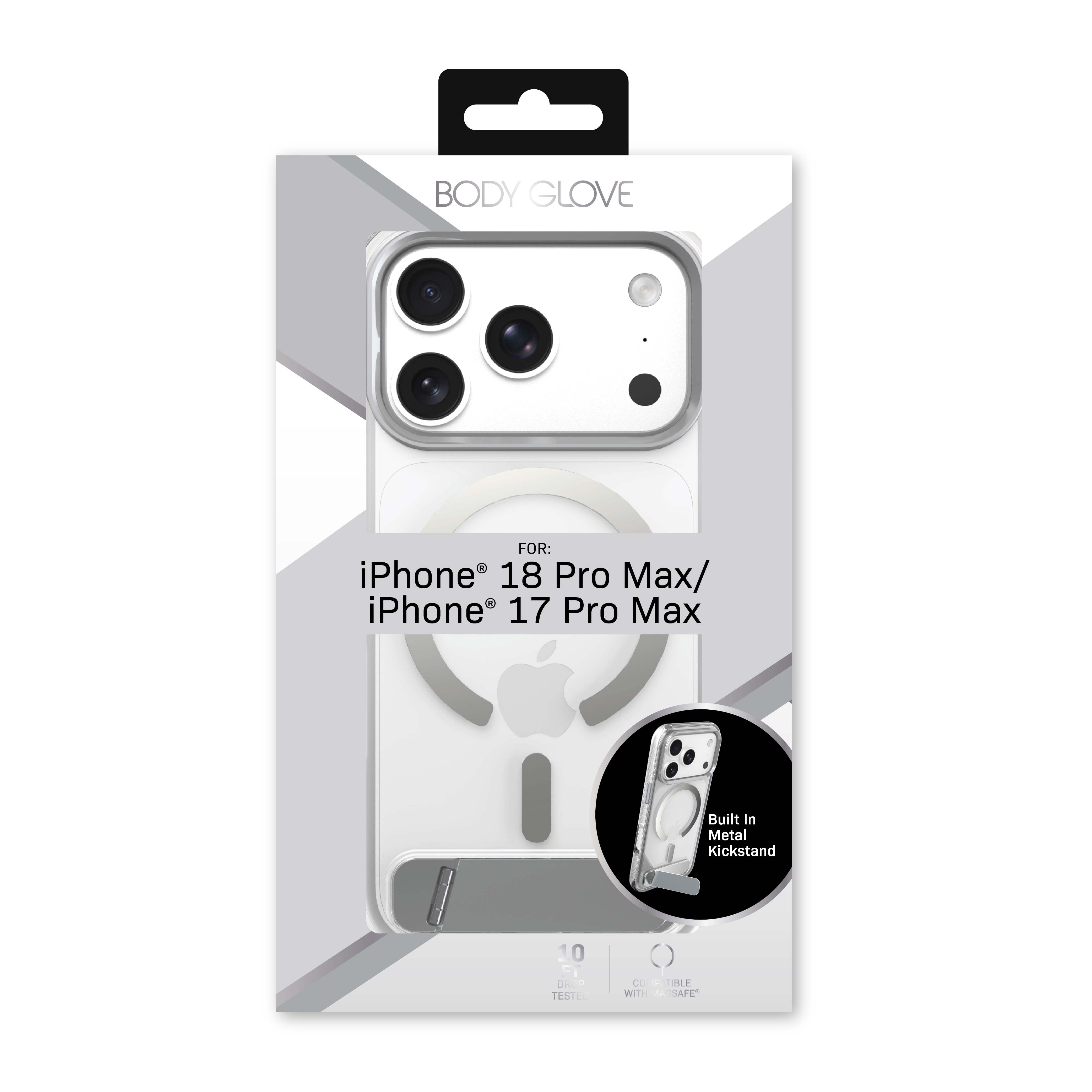 Body Glove Reflector Phone Case with Metallic Kickstand for iPhone 18 Pro Max / 17 Pro Max, MagSafe Compatible - Clear/Silver
