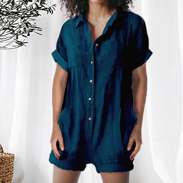 Fankiway Combinaison Chemise en Coton et Lin à Manches Courtes pour Femmes