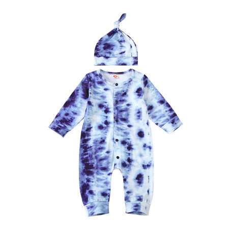 

TAIAOJING Baby Girls Clothes Newborn Kids Infant Boys Long Sleeve Tie Dye Patchwork Romper Jumpsuit With Hat Outfits Set 2PCS Clothing Set 6-12 Months