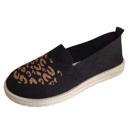 OJSFQUFP Womens Running Shoes Ladies Fashion Breathable Leopard Pattern Patchwork Knitted Mesh Flat Casual Shoes Foldable Ballet Flats for Women Black 39