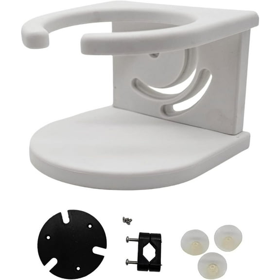 MARINE CITY Angle Adjustable White Injection Nylon Rail Mount Cup Holder with Supportive Suction Cup & Included Screws - Ideal for Marines, Boats, Yachts