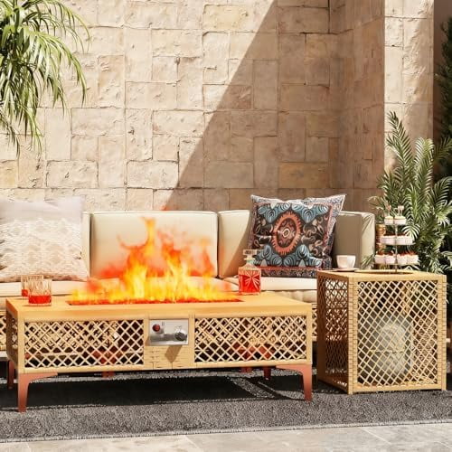 Outdoor Fire Pit Table with Tank Table, CSA Certifed 60,000 BTU Stainless Steel Burner, Rattan Rectangular Propane Patio Firepit Table for Outside with Exterior, Porch, Backyard or Garden