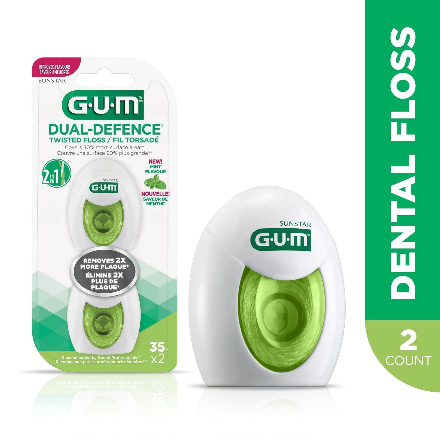 GUMᴹᴰ Dual-Defence Fil Torsadé, élimine 2 fois plus de plaque dentaire tout en couvrant 30 % de surface en plus, avec un arôme de menthe.