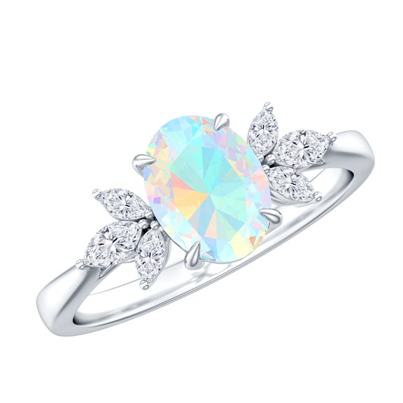 Rosec Jewels Ethiopian Opal Solitaire Ring for Women with Diamond (6X8 MM, AAA Grade), 925 Sterling Silver, US 4.00