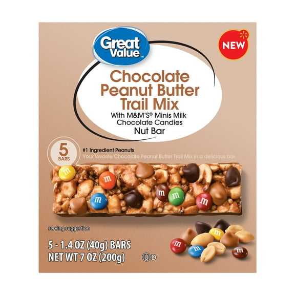 Great Value Chocolate Peanut Butter Trail Mix Nut Bar, 1.4 oz, 5 Count