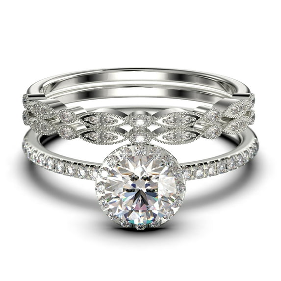 Dainty Art Deco 2.25 Carat Round Cut Diamond Moissanite Engagement Ring, Wedding Ring in 925 Sterling Silver, White Gold Plating Trio set