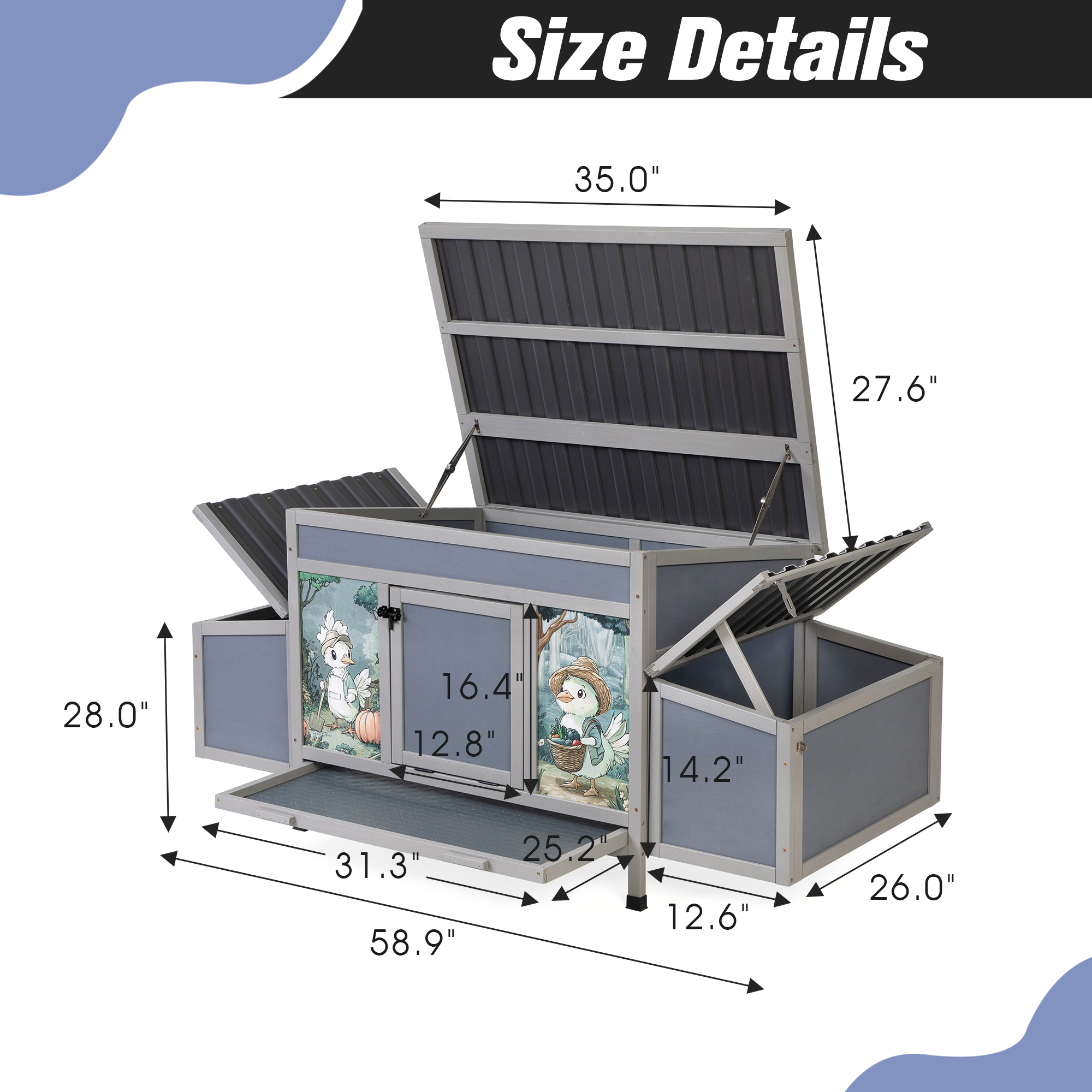 Pefilos 58" Wooden Rabbit Hutch Outdoor & Waterproof Guinea Pig Hutch with Egg Carton and Pull-Out Drawer, Gray
