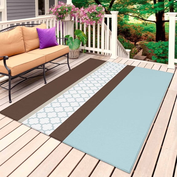 Blue Brown Morocco Outdoor Rug for Patio/Deck/Porch, Non-Slip Large Area Rug 4 x 6 Ft, Geometric Stripes Aqua Stitching Indoor Outdoor Rugs Washable Area Rugs, Reversible Camping Rug Carpet Runner