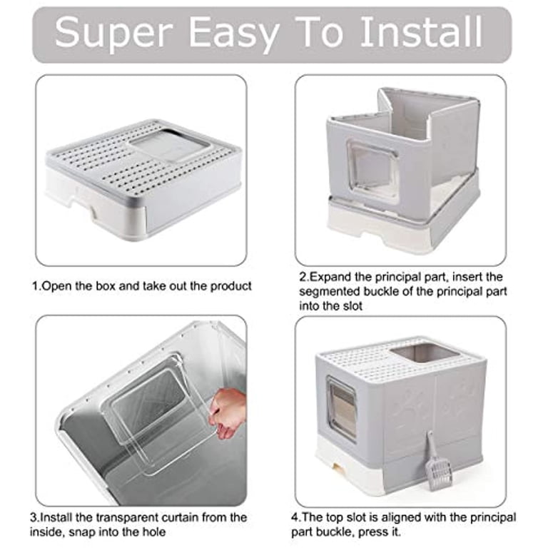 Tokenkuko Stainless Steel Enclosed Cat Litter Box With Lid - Foldable, Large 20x16x15 Inches, Easy Clean Drawer, Gray