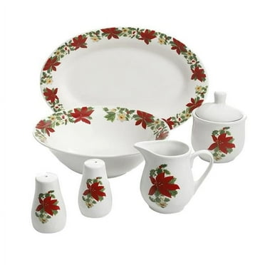 7 Piece Poinsettia Porcelain Serving Set, Red