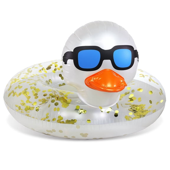 POZA Inflatable Pearl White Duck Pool Float Tube - Luxurious Swim Ring for Pool, Beach, Lake, Sparkling Gold Confetti-Filled Beach Float Lounger for Kids and Adults - 36x23 inches