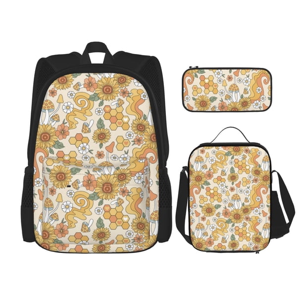 Balery Retro 70s 60s Flower Mochila escolar 3 en 1 para niños: mochila resistente con lonchera térmica y estuche para lápices. Mochila escolar para niños y niñas.