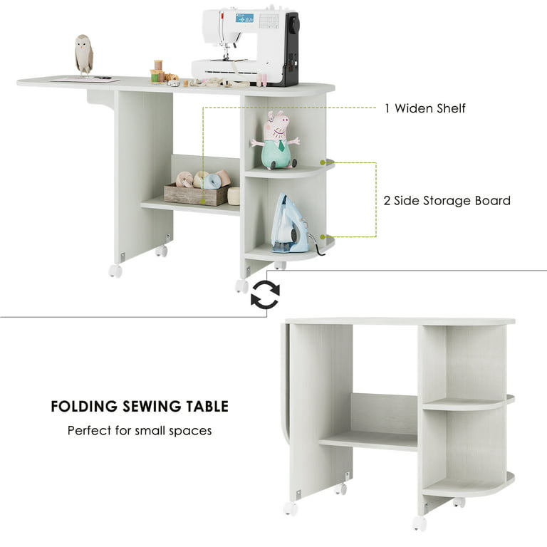 Clearance! Modern Wood Folding Sewing Table with Lockable Casters, Expanded  Rolling Craft Cabinet for Dorm Bedroom, Artwork Craft Station w/ 3 Storage