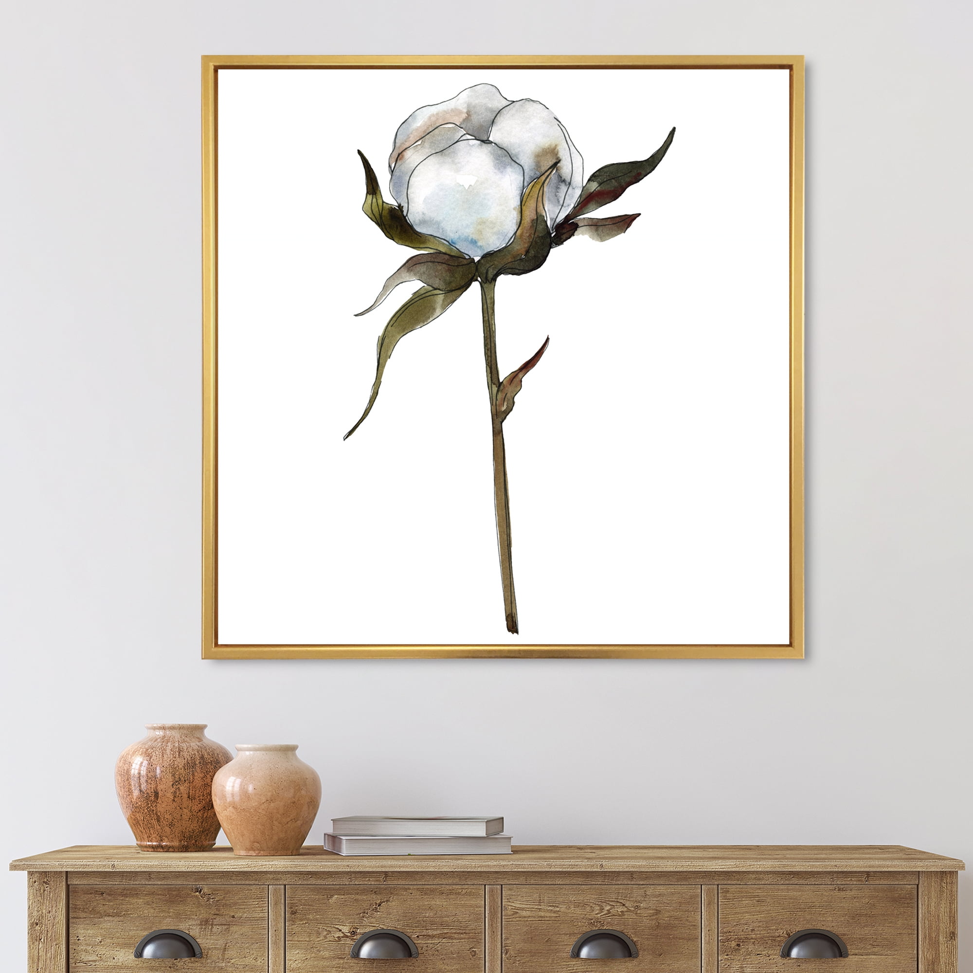 Designart 'Cotton Flower Retro Style' Traditional Framed Canvas Wall Art Print