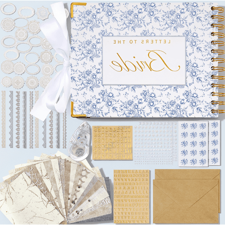 1 Set Wedding Scrapbook Kit, DIY Guest Book with 180g Paper, Lace Stickers & Envelopes, Blue, 8.5 x 7 Inch