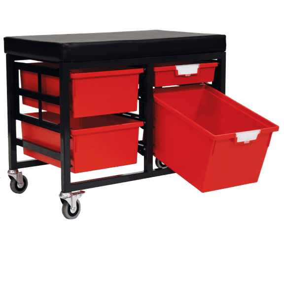 StorBenchSeat w/Cushioned Seat and 4 Storsystem Trays and Bins-Red
