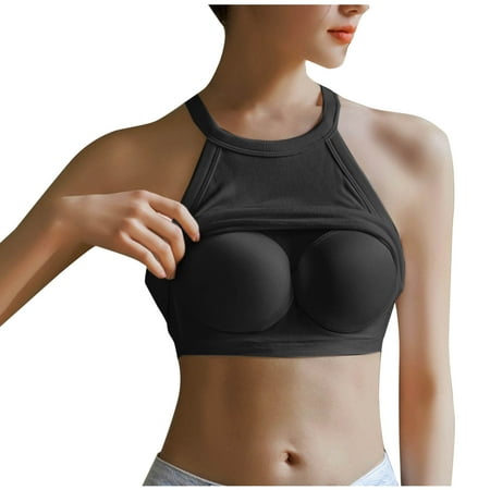 ABATAB Halter Crop Tops for Women Crewneck Cropped Tank Tops Going out Sleeveless Plain Backless Trendy Tops with Self Bra