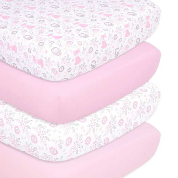 The Peanutshell Pink and White and Gray and Multi-color Animals Microfiber Sheet Sets Crib Bed, Washable (Count 4)