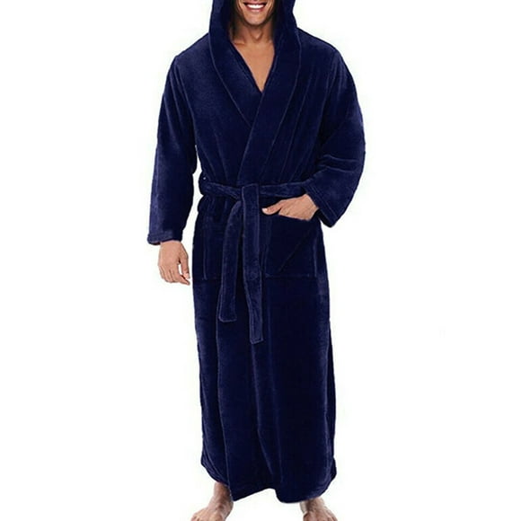 LUXUR Men Dressing Gown Hooded Wrap Robe Long Sleeve Bath Robes Plain Nightwear Solid Color Towelling Blue 3XL