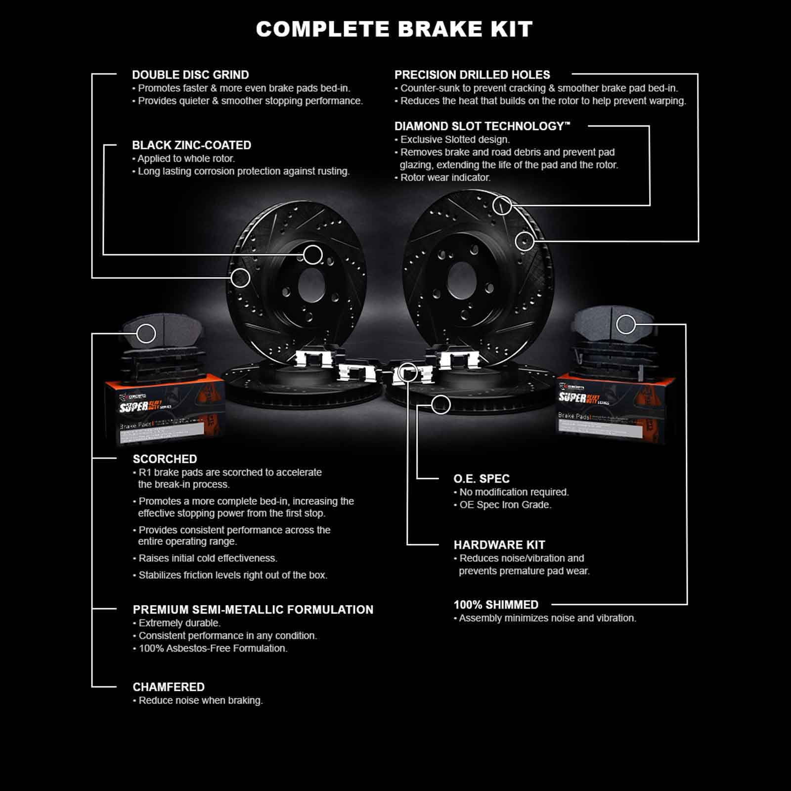 R1 Concepts Front Rear Brakes and Rotors Kit |Front Rear Brake Pads| Brake Rotors and Pads| Super Duty Brake Pads and Rotors| Hardware Kit WHXH2-40229