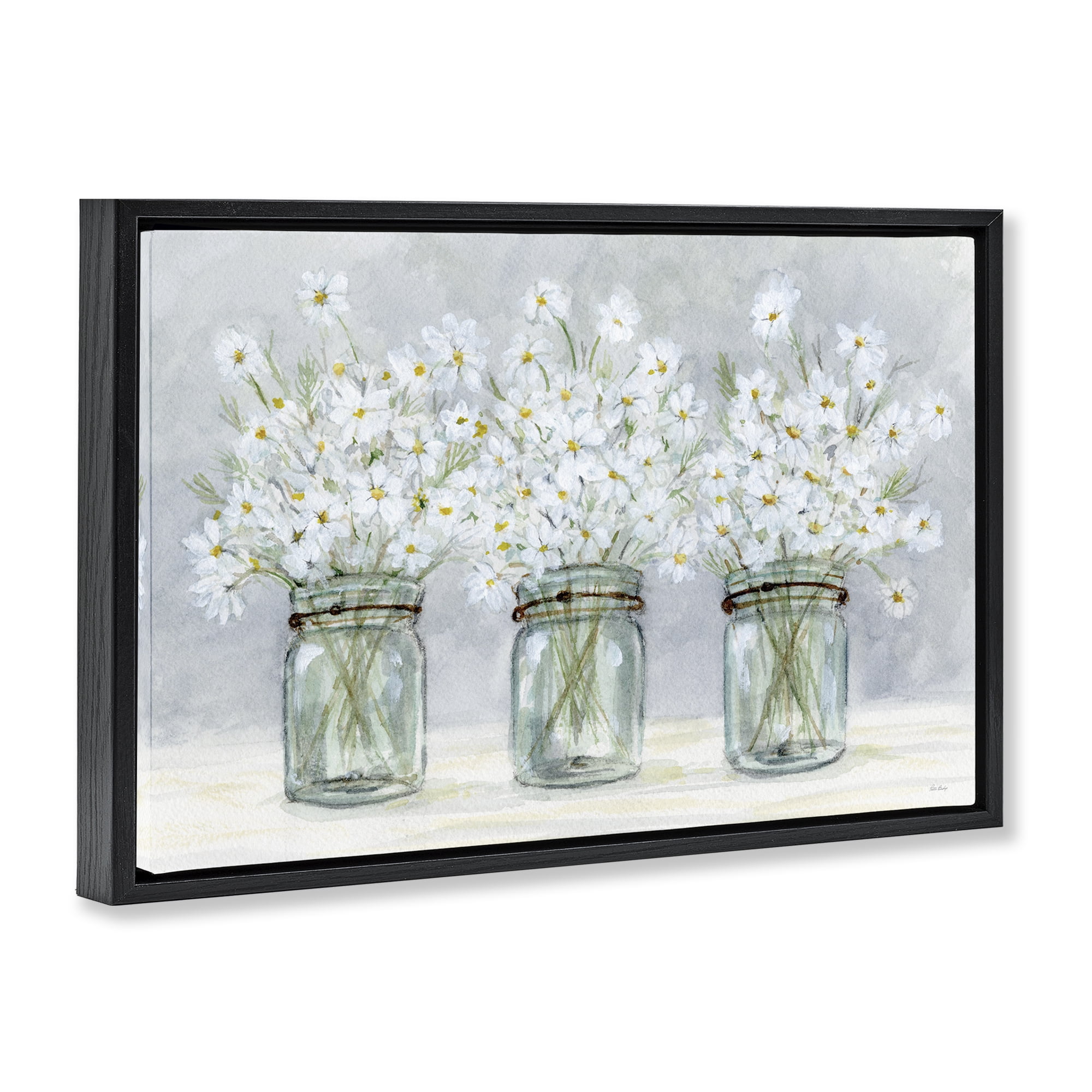 Stupell Industries Daisies In Jars Botanical & Floral Painting Black Floater Framed Art Print Wall Art, 25 x 17
