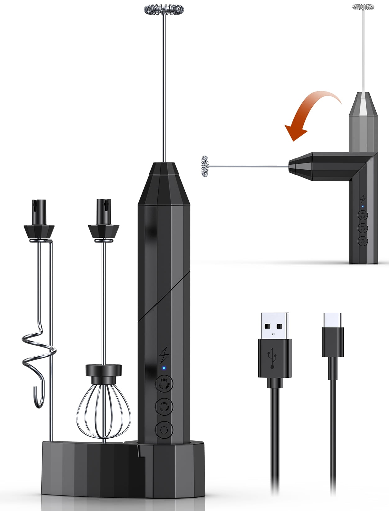 TAMO Milk Frother Handheld, USB-C Rechargeable Coffee Frother Wand, drink mixer with Charging Base&3 Heads,3 Speeds Adjustable For Latte, Cappuccino, Hot Chocolate, Egg