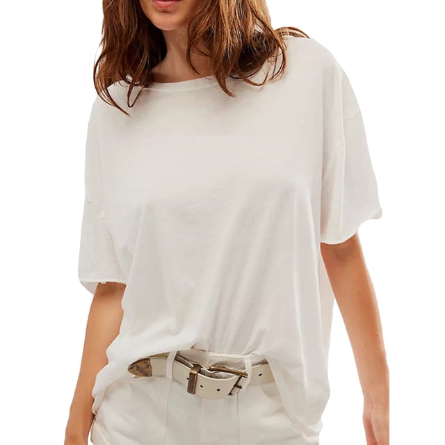 EYIIYE T-Shirt de Mode pour Femmes Manches Courtes Col Rond Couleur Unie Ample Décontracté Basique Tunique d'Été Surdimensionnée Blouses Mode Urbaine