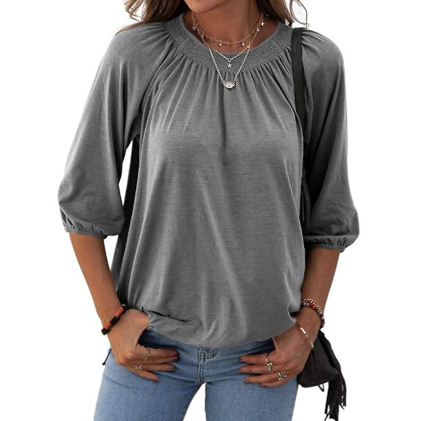 Camiseta de mujer Ropa de moda Top básico plisado de manga 3/4 para ir de vacaciones