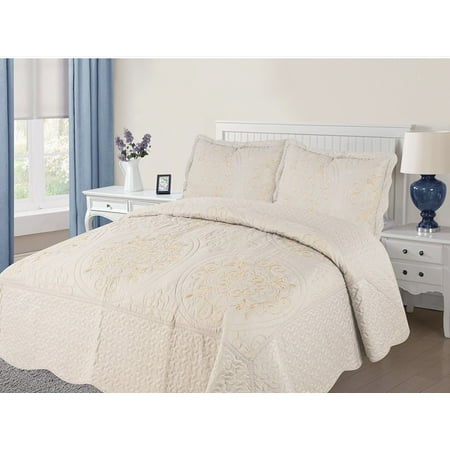 Empire Full Empire Home Diana 3PC Quilted/Embroidered Oversized Medallion Bedspread - Full Size - Silver/Beige ()